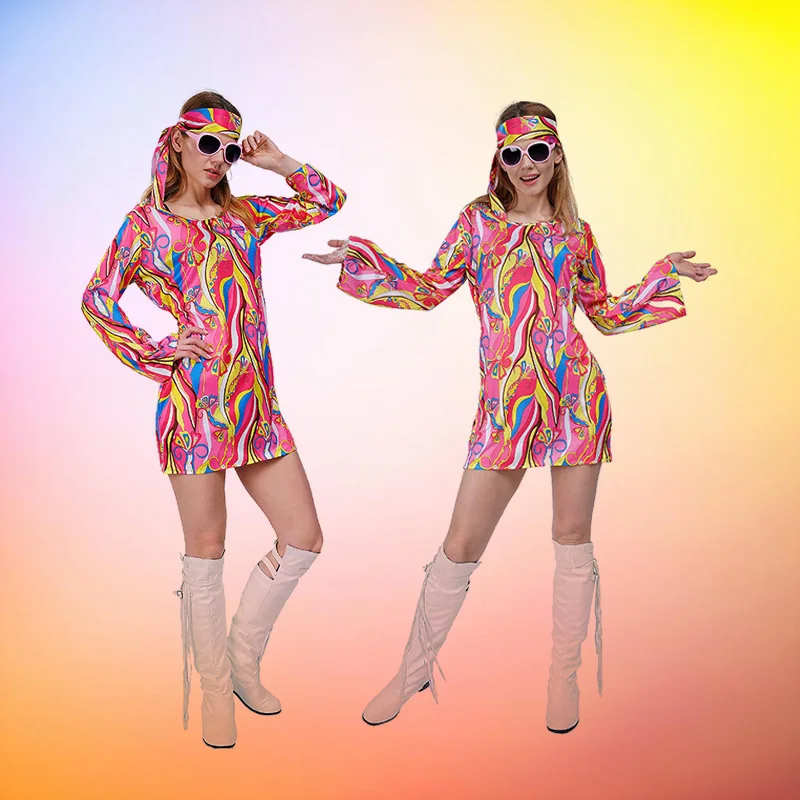 70s Costume donna Dress up 1970s Costume donna Disco Dress Cosplay costumi di Halloween per adulti gioco di ruolo Purim Hippie abbigliamento