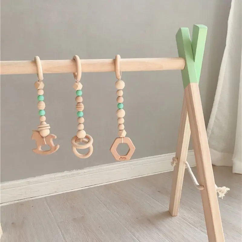 Estante de Fitness de madera sencillo n&oacute;rdico para beb&eacute;s reci&eacute;n nacidos, anillo sensorial de juguete para ni&ntilde;os, decoraciones para habitaci&oacute;n de ni&ntilde;os, gimnasio de madera-5