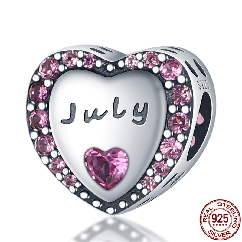 

2021 New100% Real 925 Sterling Silver Fuchsia July Heart Shape Beads Fit Original 3mm Bracelet&Bangle Women Fashion Jewelry Gift
