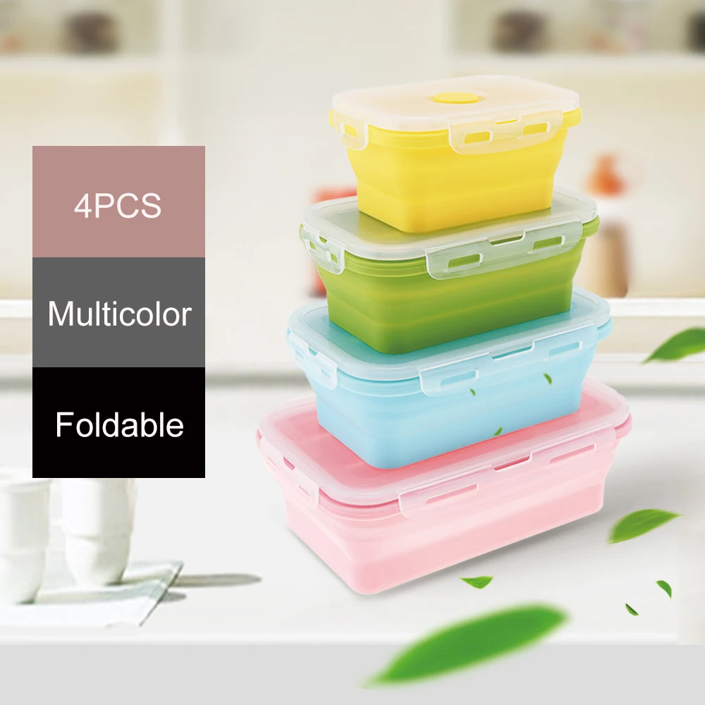 4pcs Силиконовый Ланч-бокс, Складная портативная миска, Bento, коробки, контейнер, Microwavable, портативный, для пикника, кемпинга, прямоугольная, открытая коробка - Цвет: 4pcs