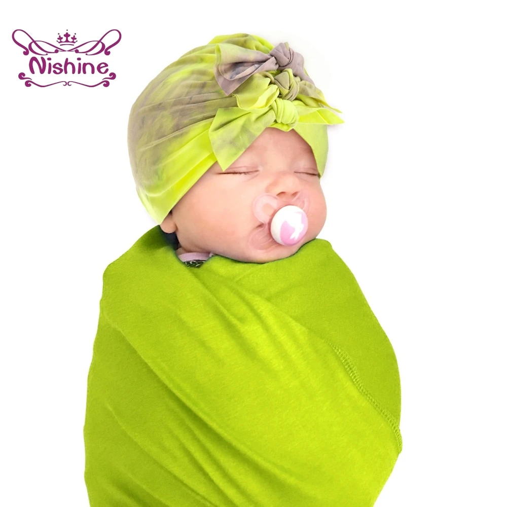 

Nishine 18*16 CM Fashion Tie-dyed Cotton Infant Hats Cute Handmade Bowknot Baby Turban Caps Children Bonnet Photography Props