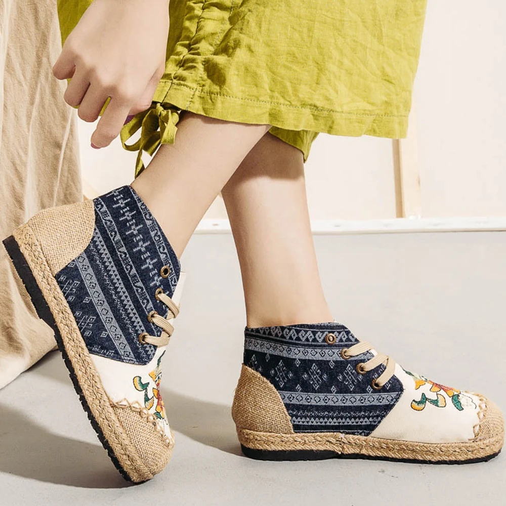 ZFTL Women Ethnic style embroidered shoes Flat heel linen embroidered women's shoes Spring mid-cut cloth shoes Female Loafers