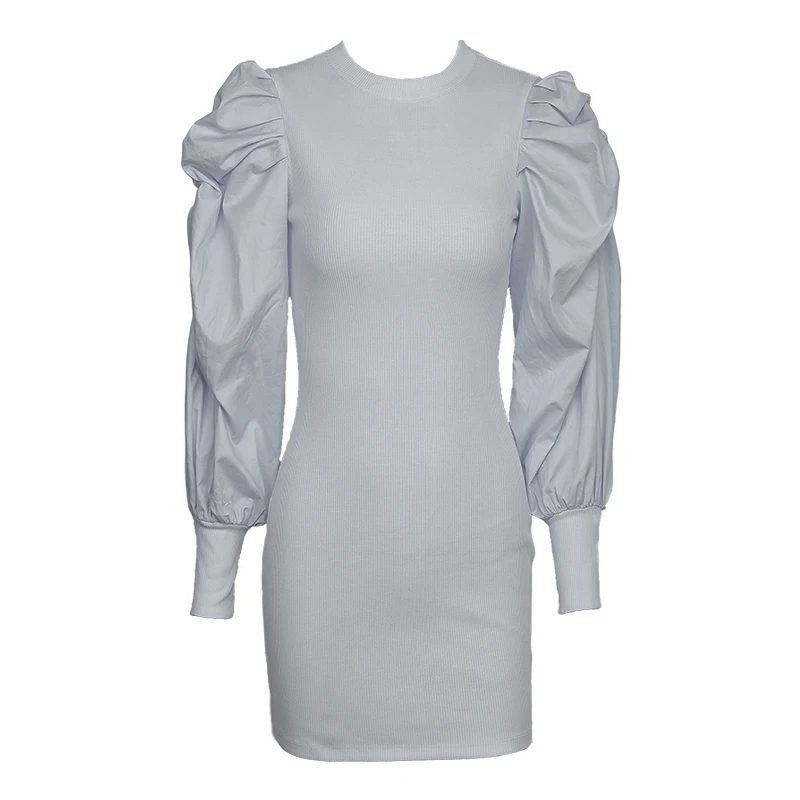 

PERHAPS U Black Gray Stand Collar Puff Sleeve Long Sleeve Short Mini Dress Elegant Winter Autumn Runway Knitted Sheath D1528