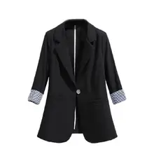 Women Autumn Elegant Office Blazer 3/4 Sleeve Lapel Button Slim Coat Striped Cuff Ladies Formal Suit