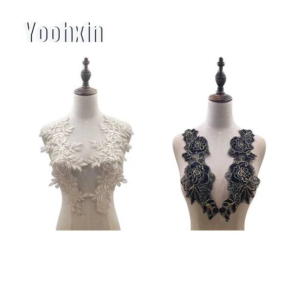 

1Pair HOT gold white black cotton Embroidery flower lace fabric trim ribbon DIY sewing applique collar craft wedding dress decor