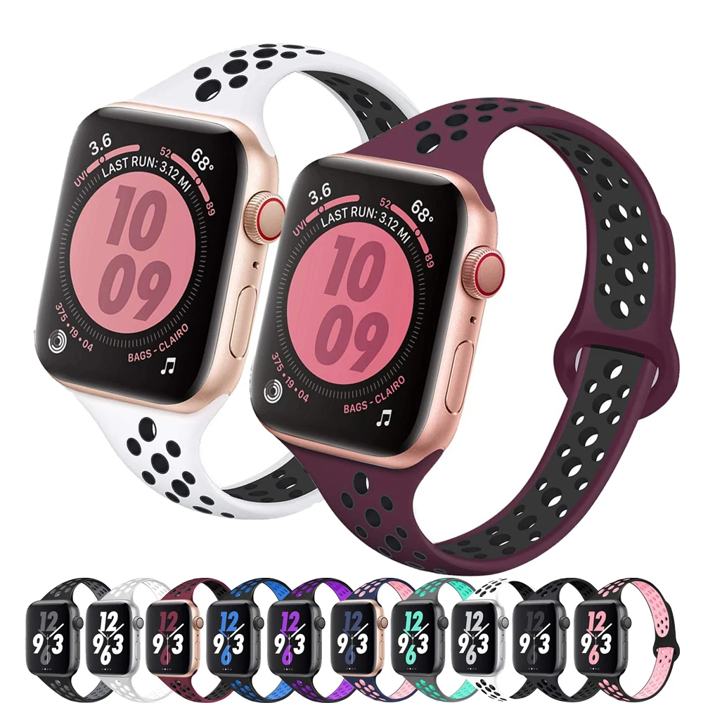 

Slim Strap For Apple Watch band 44mm 42mm 38mm 40mm Breathable silicone belt correa bracelet iwatch serie 6 5 4 3 se 7 45mm 41mm