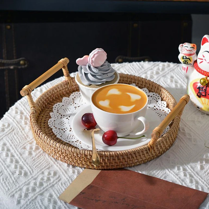 

Лоток для хранения из ротанга, круглая корзина для фруктов с ручкой, плетеный лоток из ротанга ручной работы, плетеная корзина для хлеба, дис...
