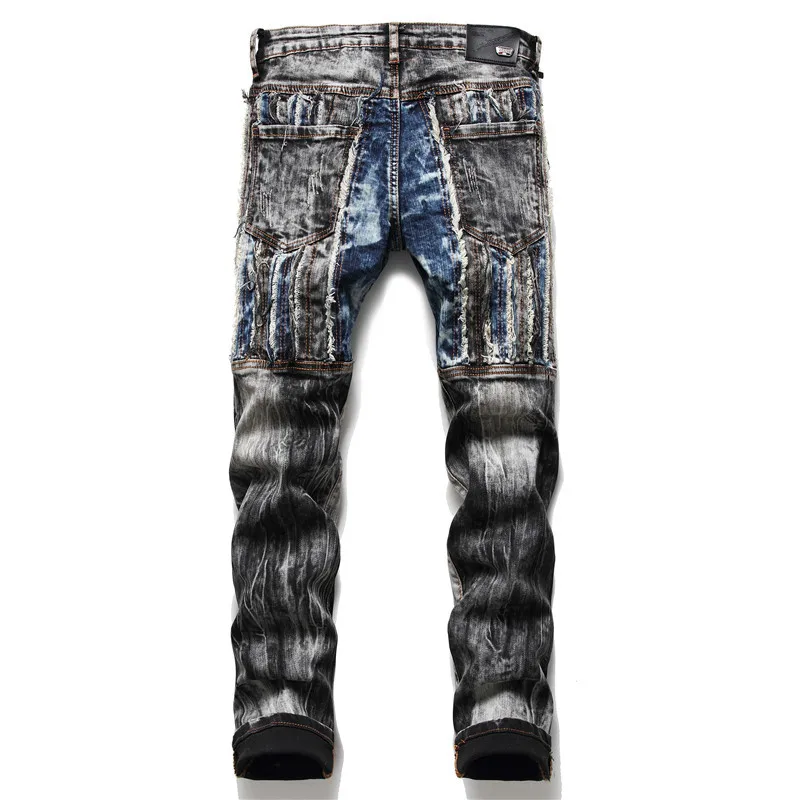 2021 Vibe Style Color Block Patchwork Retro Washed Men Pencil Jeans Trousers Hip Hop Stretch Slim Denim Pants Pantalones Hombre