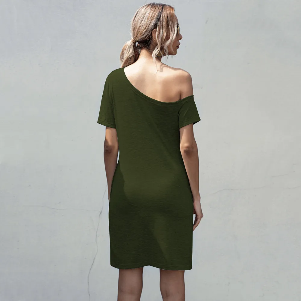 

2021 Summer Women's New Short-Sleeved Off-Shoulder Irregular Pocket Dress Female Casual Solid Color Slash Neck Slim Mini Dress
