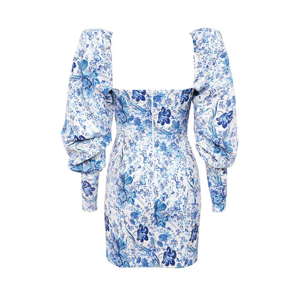 

Square Neck Lantern Sleeve White Blue Print Womens Bodycon Dress Sexy Sheath Evening Party Elegant Dress Backless Robe Vestidos