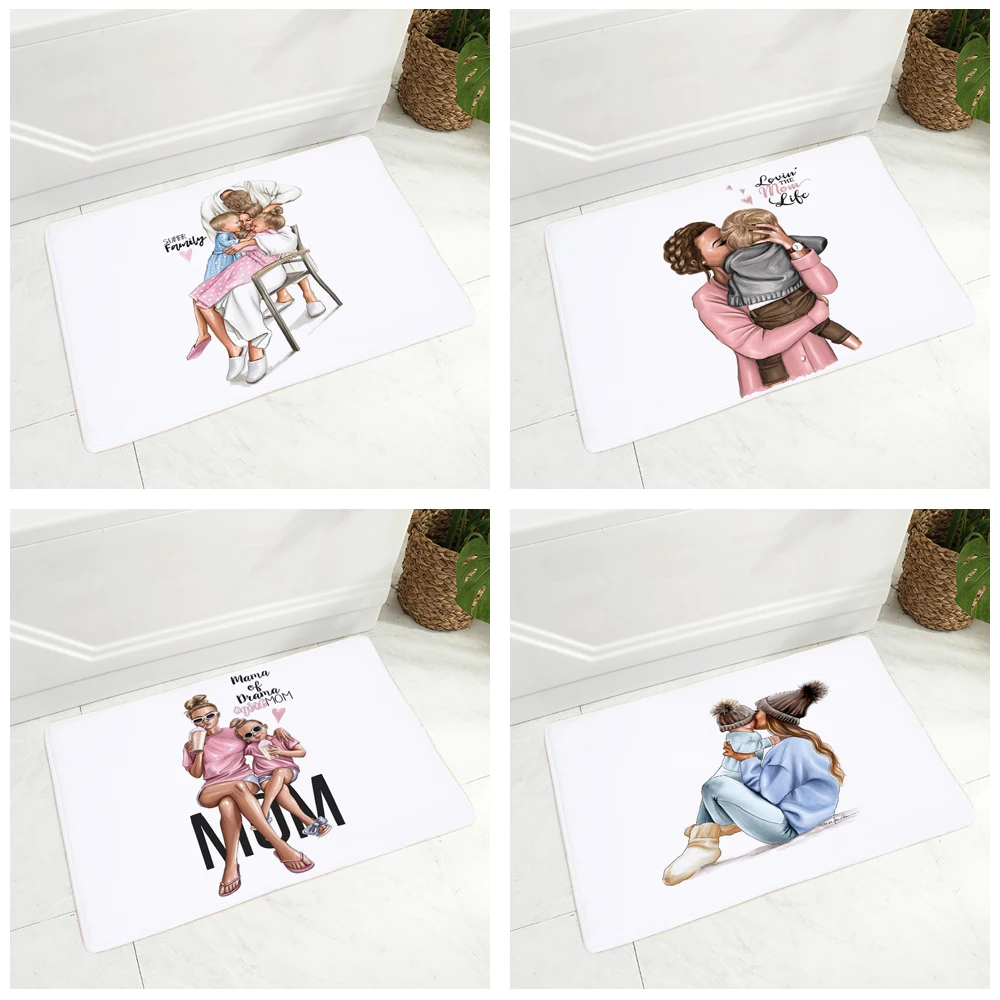

Cute Cartoon Fashion Mom and Baby Floor Mat for Children Room Hallway Non-Slip Decor Super Mama Doormat Flannel Carpet 40x60cm