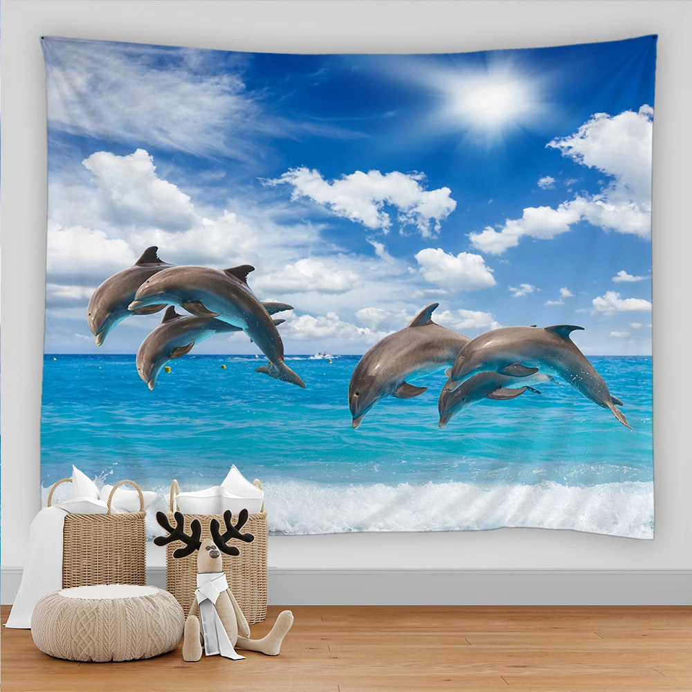 

Beautiful Blue Sea Ocean Dolphin Tapestry Wall Hanging Undersea World Tapestries Background Wall Cloth Mat Blanket Home Decor