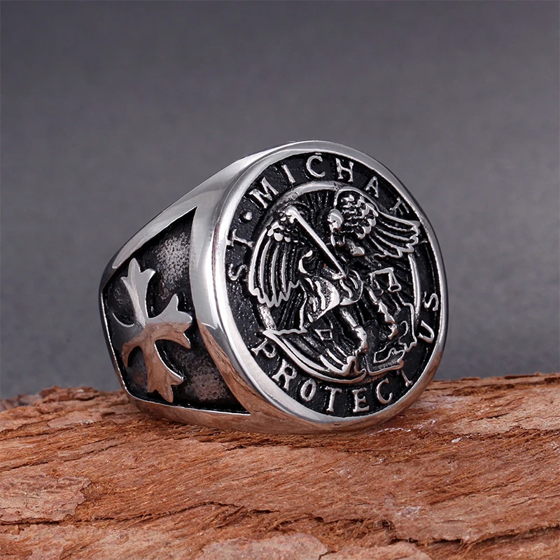 

Vintage Archangel Cross Flower Ring Personality Men's Stainless Steel Biker Motorcycle Jewelry Boyfriend Creative Gift Wholesale