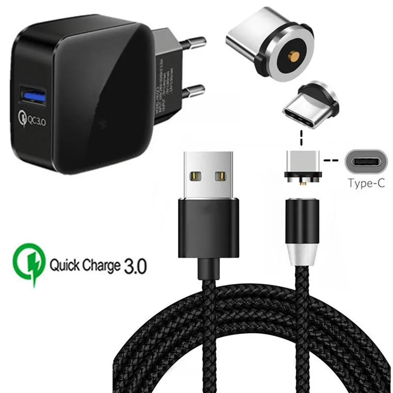EU charger and cable Магнитный зарядный провод типа C для samsung galaxy Feel 2 Xiao mi 8 mi 9T Red mi K20 Note 7 Pro Магнитный USB кабель QC 3,0 быстрое зарядное устройство - Тип штекера: EU charger and cable