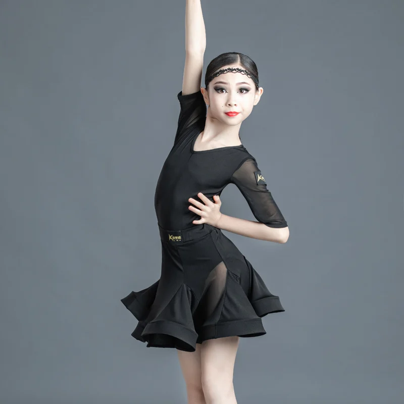

Children 2-Pcs Cute Girls Mid Sleeve Ballroom Dance Latin Dance Dress New Skirt And Top Performance Practice Clothes 2021 Spring