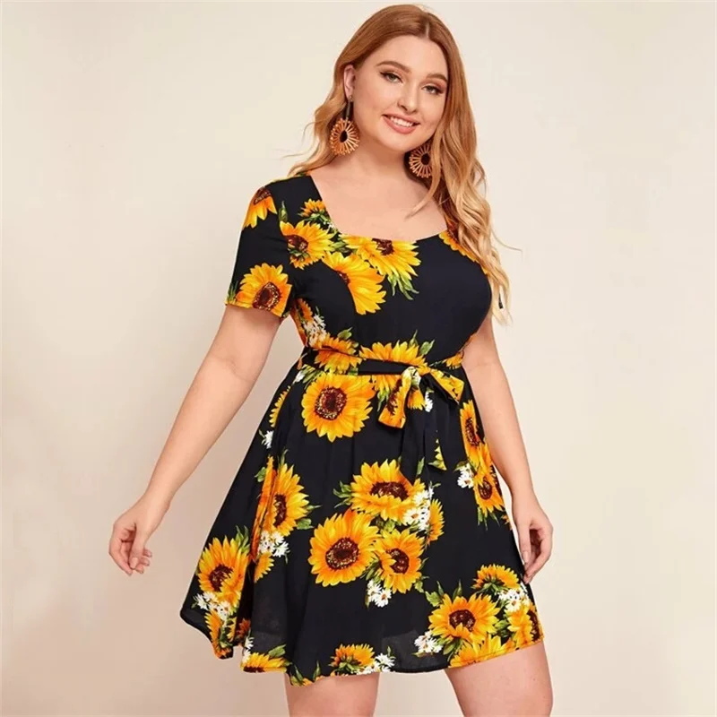 

Summer Dress 2020 plus Size Summer Cross-Border New Square Collar Printed Lace-up Short Sleeve Expandable Dress Women