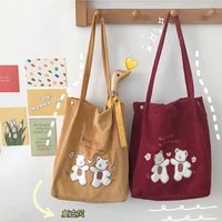 women large capacity tote bag solid color corduroy shoulder bag bears embroidered striped canvas handbag eco cute shopper bags
