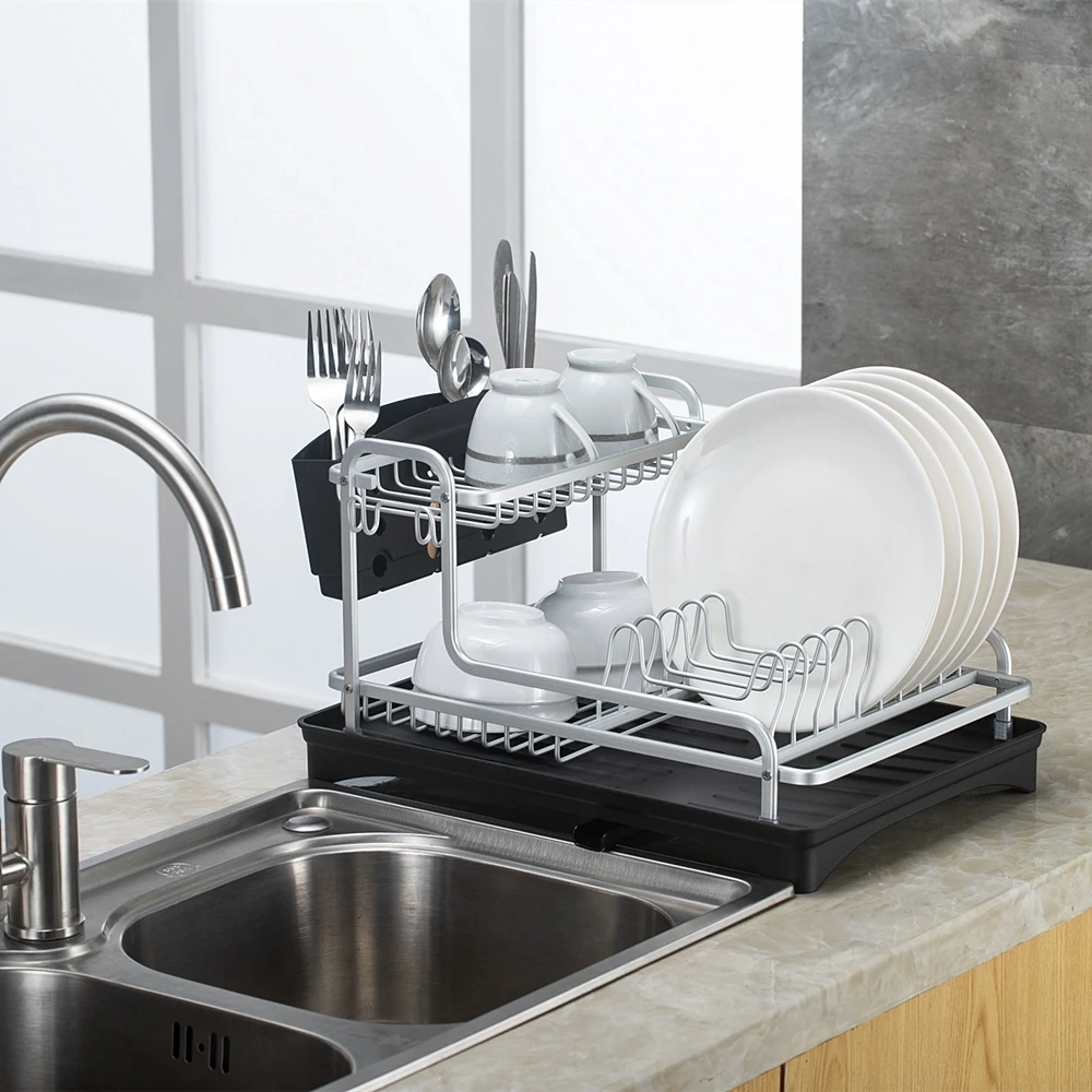 Двухуровневая Серебристая подставка для посуды из алюминиевого сплава сушилка