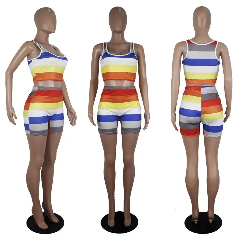 

ZKYZWX Striped Print 2 Piece Set Women Summer Tracksuit Crop Top and Biker Shorts Sweat Suits Lounge Wear Outfits Matching Sets