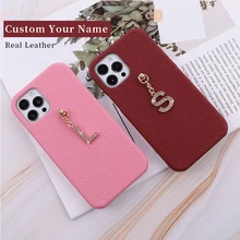 Personalise Name Real Leather Cowhide Phone Case For iPhone 11 12 13Pro Mini Max XR XS 7 8Plus Pendant Metal Letters Cover Shell