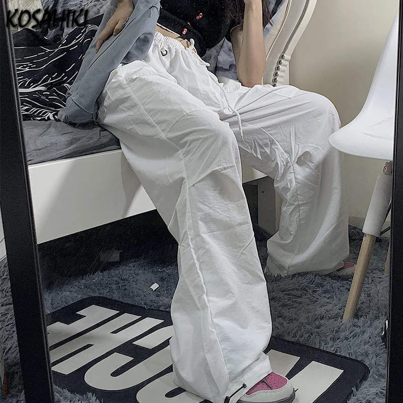 

KOSAHIKI Baggy Cargo Solid White Pants Gothic Harajuku Streetwear 2021 Hip Hop Women Pants Female Wide Leg Pants Pocket Korean