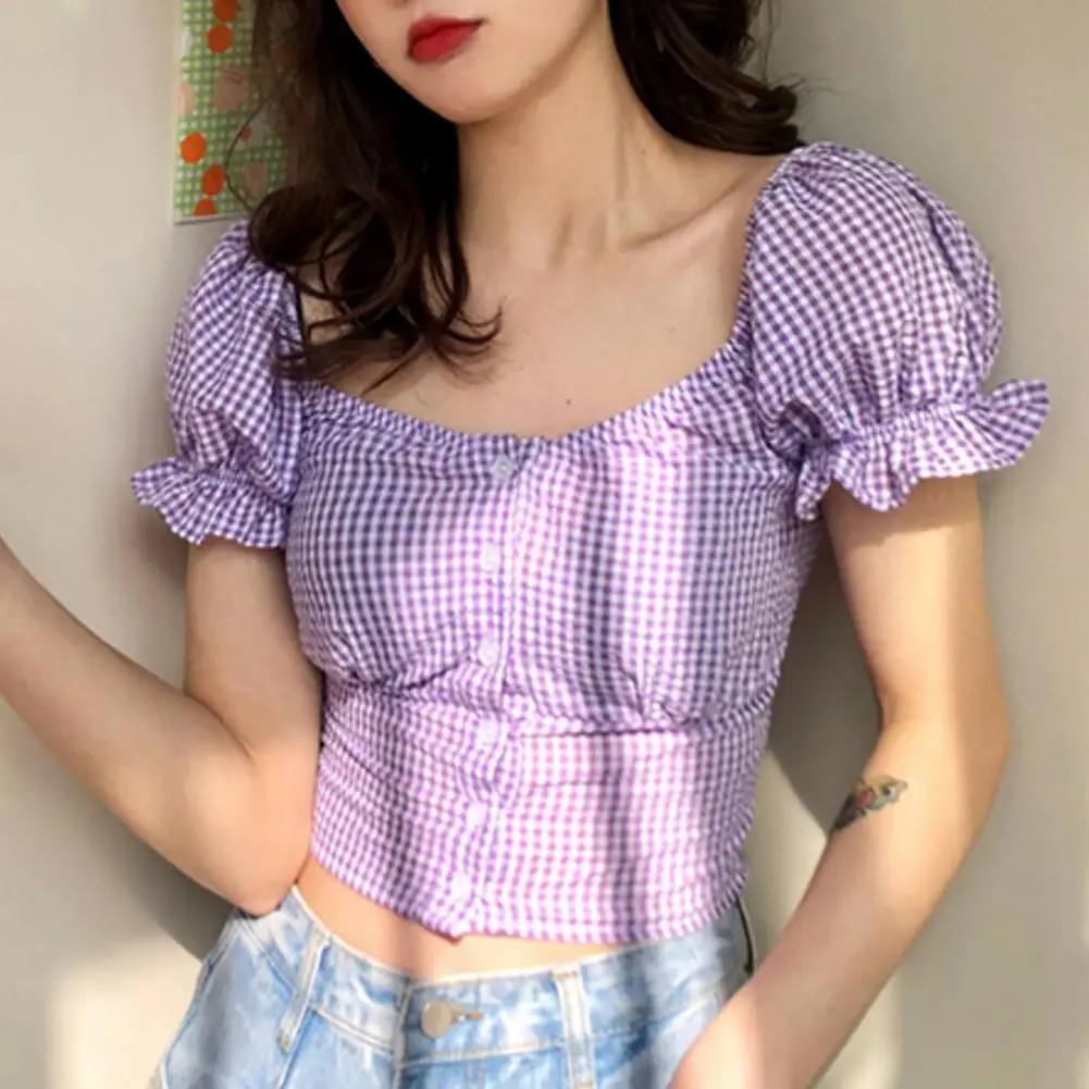 

Short Sleeve Girls Crop Top Square Neck Ruffle Puff Sleeve Plaid Crop Top for Daily Wear Girls Crop Top Short Top