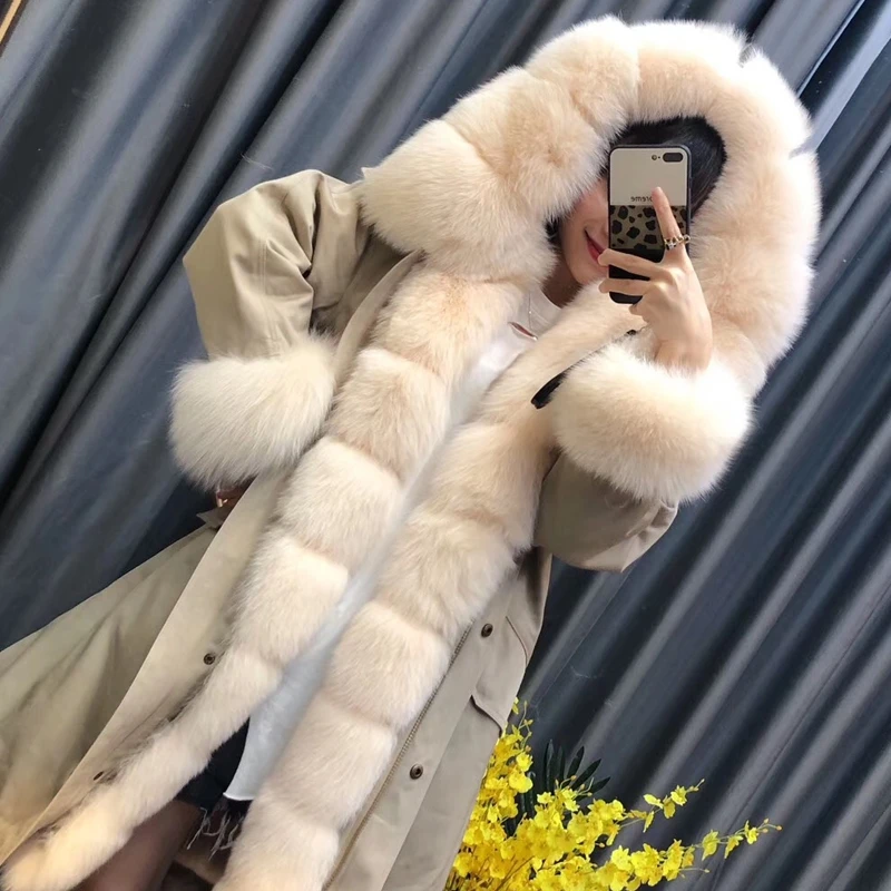 JAZZEVAR New Winter Haute Couture Women's Luxury Whole Skin Fox Fur Collar Removable Rex Rabbit Fur Lining Ladies Hooded Jacket enlarge