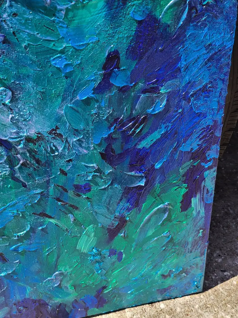 

Abstract Blue Ocean Painting Original Art,Large Canvas, Rectangle Modern Art Textured Blue Green, Metallic, Vick Industries Art