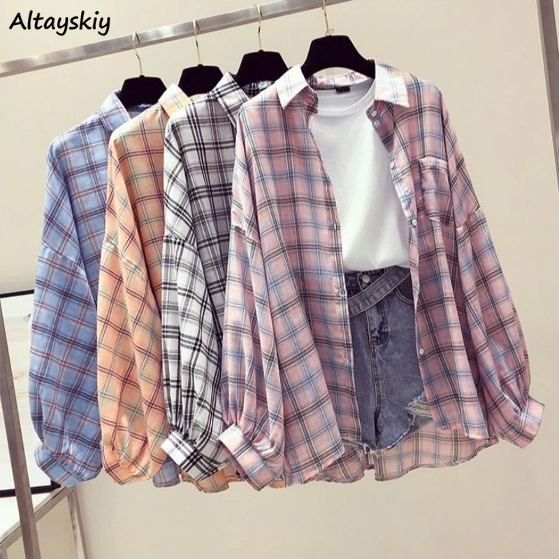 

Women Shirts Plaid Loose Long Sleeve Summer Thin Outwear Sun-proof Students All-match Vintage Harajuku Tops Korean Style Leisure
