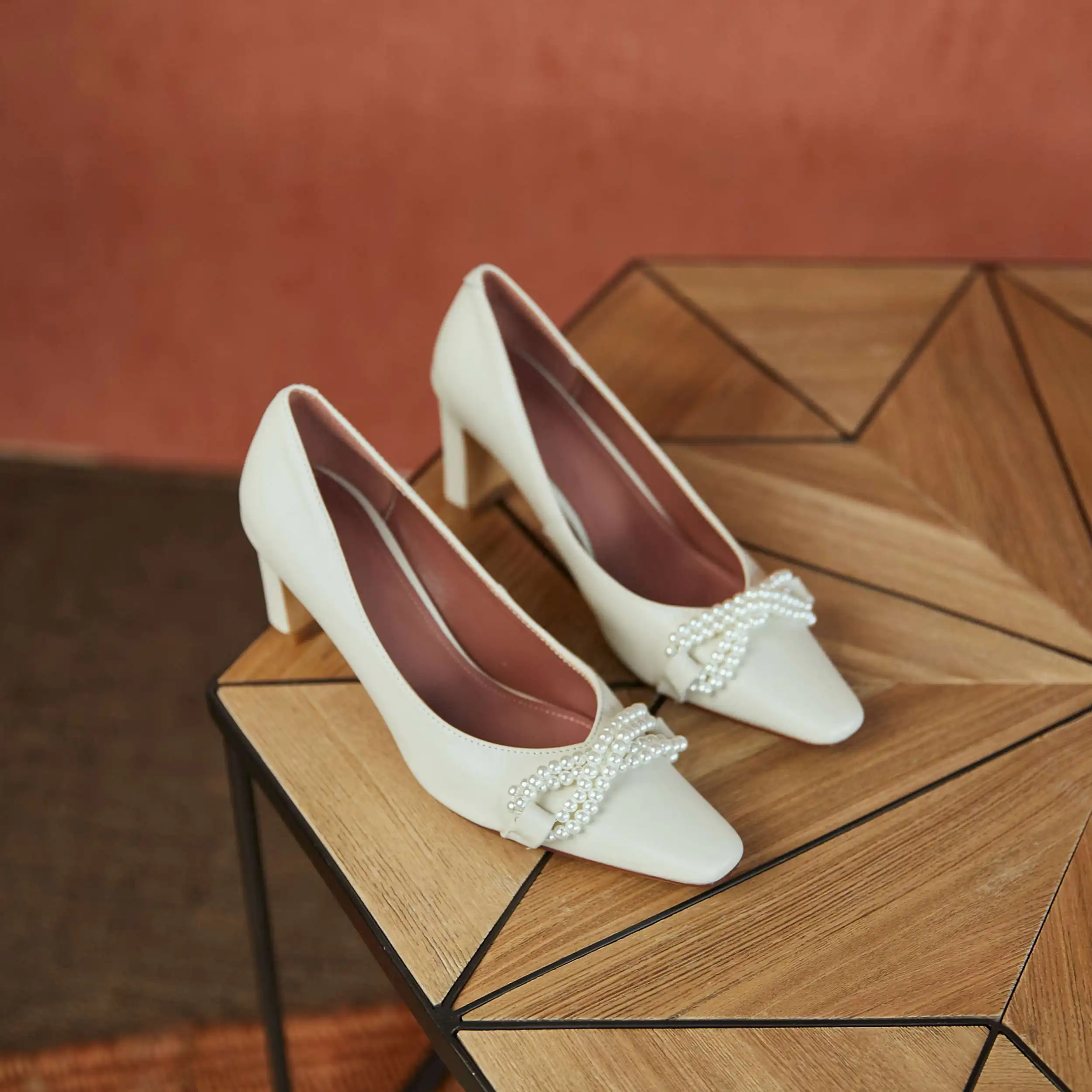 

Krazing Pot genuine leather square toe high heels pearl decoration young lady streetwear fashion slip on basic women pumps L35