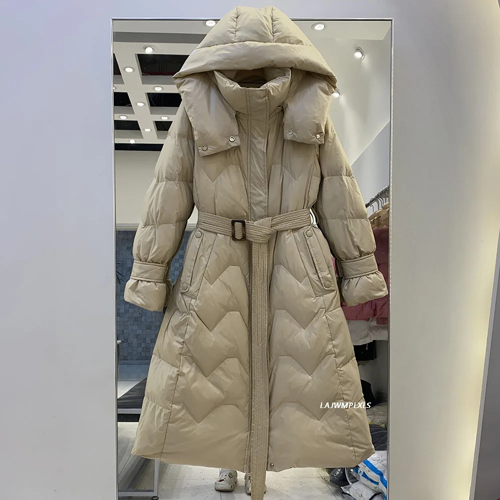 

Warm Thicken White Duck Down Jacket Winter Women With Sashes Long Coat Parka Ladies Hooded Outerwears Plus Size