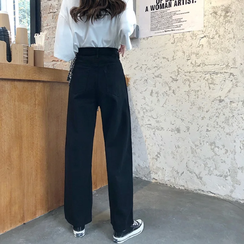 

2020 New Arrivals Woman Autumn Winter High Waist Ladies Jeans Black Solid Hole Casual High Street Denim Loose Wide Leg Pants