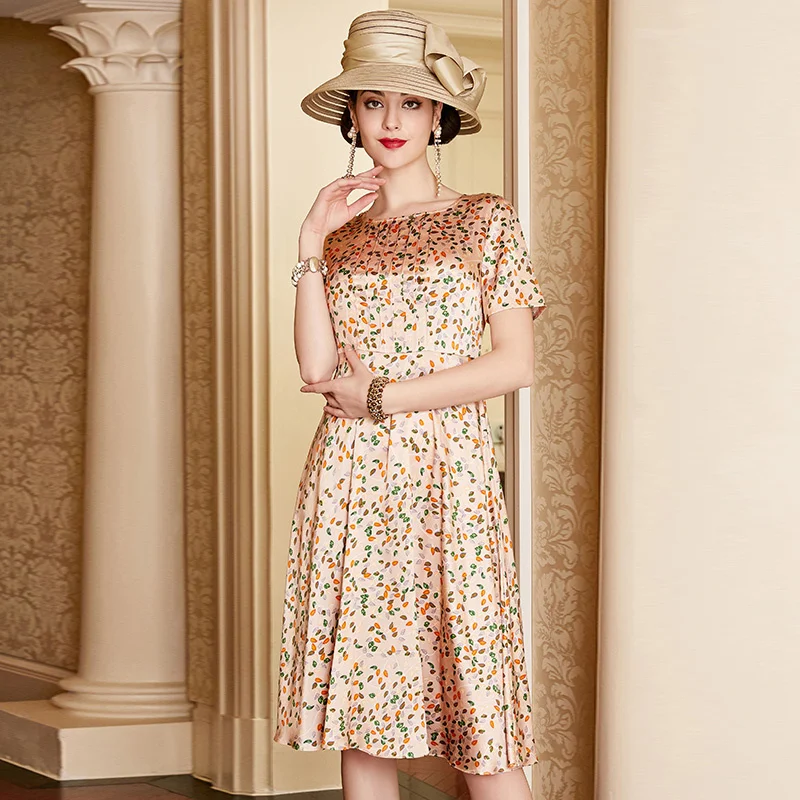 

SHZQ Silk Dress Women's Long 2021 Summer New Short Sleeve Waist Cut Floral Mulberry Silk Skirt