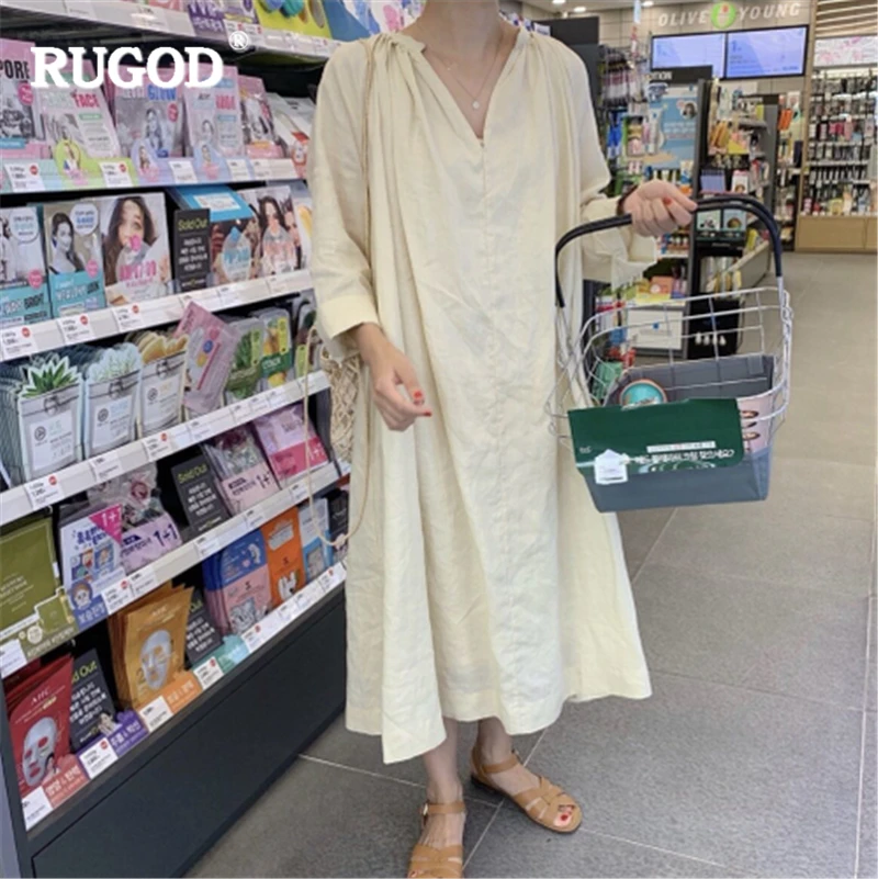 RUGOD 2019 Новый Осень Женщины Твердые Свободные Платья Плиссированные V-образным