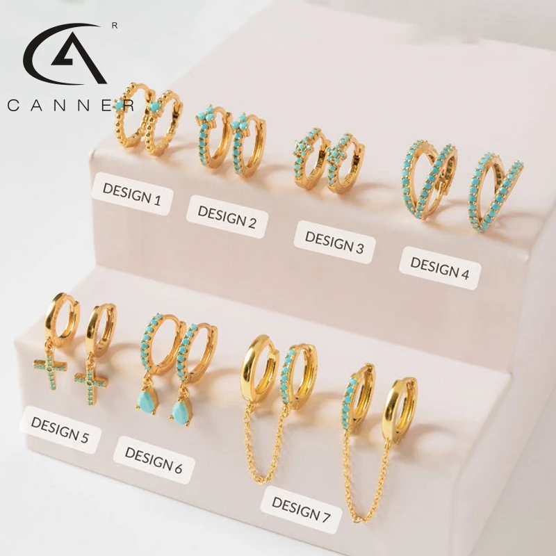 

CANNER A Pair Turquoise Earrings 925 Sterling Silver Piercing Stud Ear Rings with Zircon Stone Water Drop Cross Chain Dangle