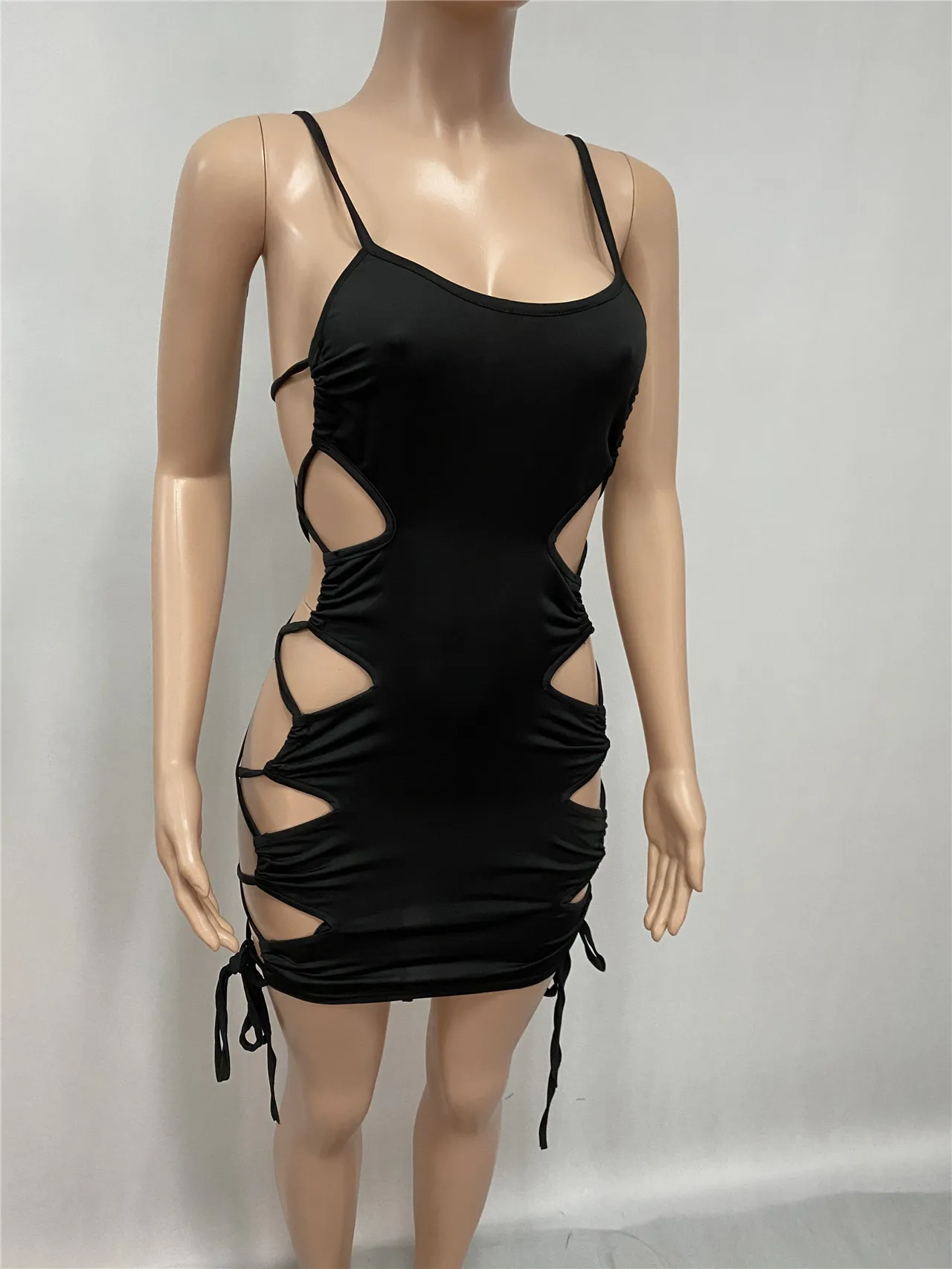 

2021 Summer Dress Sexy Hollow Out Lace Up Solid Mini Women Dress Elegant O Neck Spaghetti Strap Bandage Night Club Party Dress