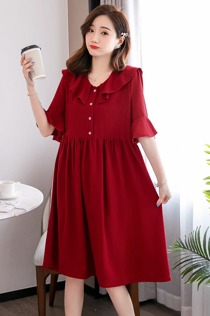 

607# 2021 Summer Korean Fashion Wine Red Maternity Dress Sweet Cute Ruffle A Line Loose Clothes for Pregnant Women Pregnancy