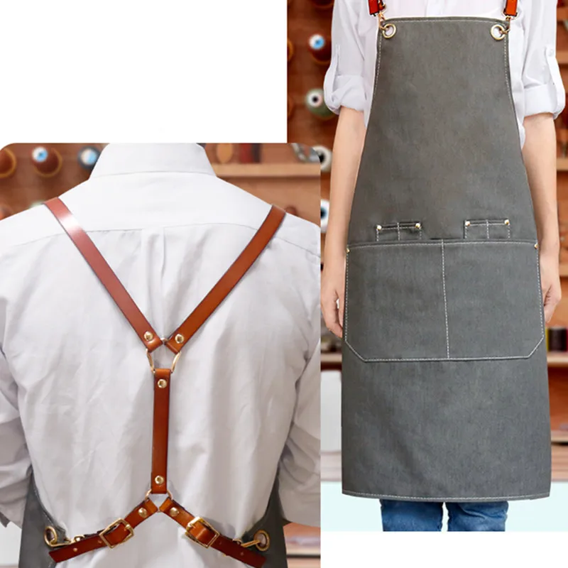 Серый джинсовый фартук ремешок из воловьей кожи бариста микстролога
