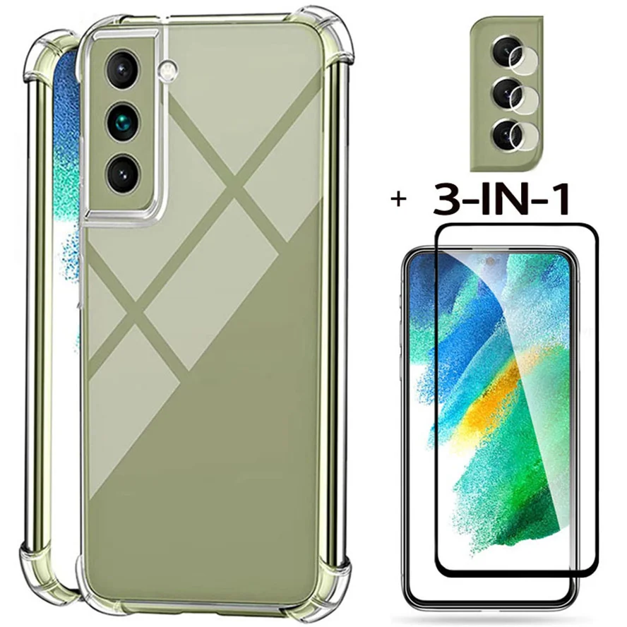 

3-in-1, tempered glass+case for s21-fe shockproof silicone phone cases s21fe samsung s 21 fe cover samsung galaxy s21 fe 5g case