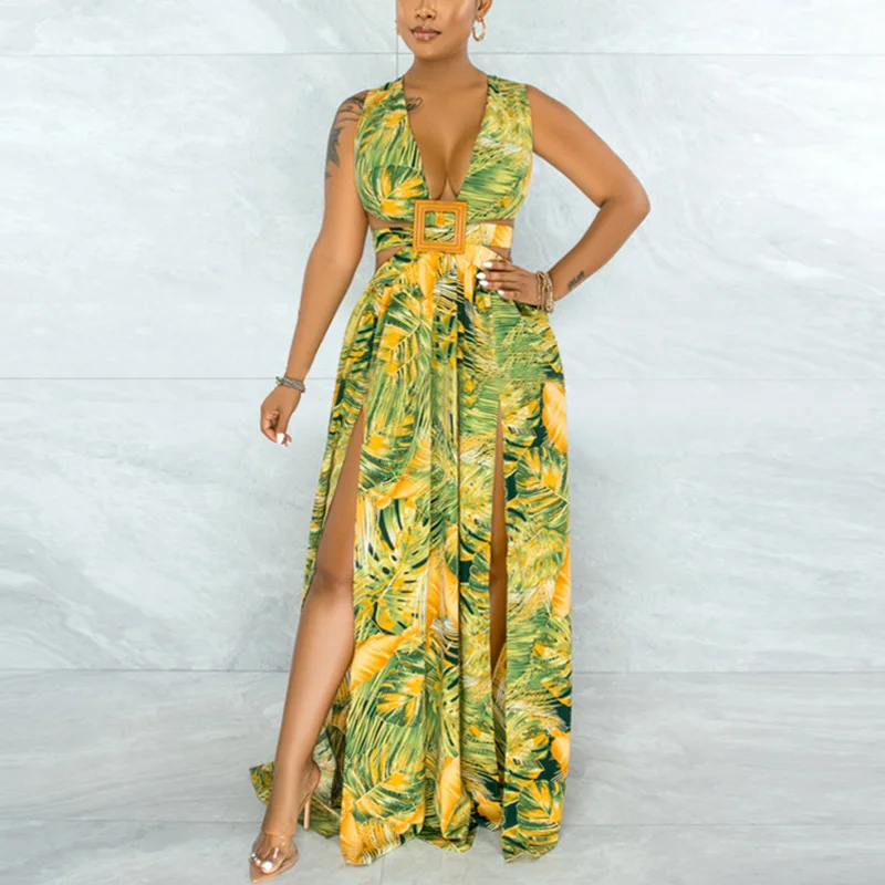 

Women Maxi Dress Thick Sling With Printed Pattern Strap Sleeveless V Neck Slit Dress Boho Beach Party Dress Summer