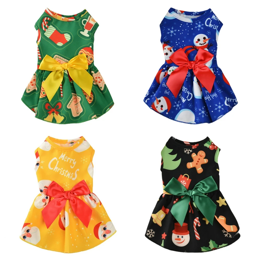 

Christmas Pet Dress Dog Clothes Santa Claus Puppy Cat Dress with Floral Bowknot Festival New Year Skirts Clothing Apparel
