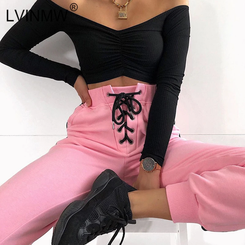 LVINMW повседневные розовые штаны с высокой талией и полосками по бокам осень 2019