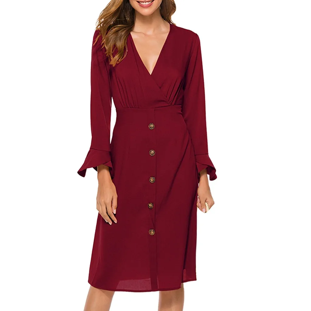 Платье женское осенне зимнее однотонное с V образным вырезом и длинными