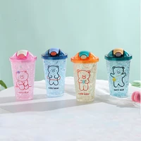 kawaii bear glass water bottles cute cartoon cup with straw portable leakproof kids water bottle for girls school drinking cup