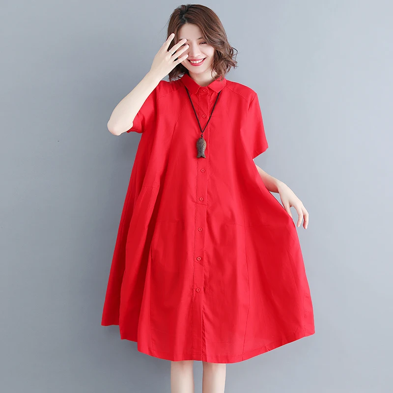 

Red Cotton Linen Women Dresses 2021 Summer Short-Sleeved Knee-Length Loose Casual All Match Female Dresses Top Quality