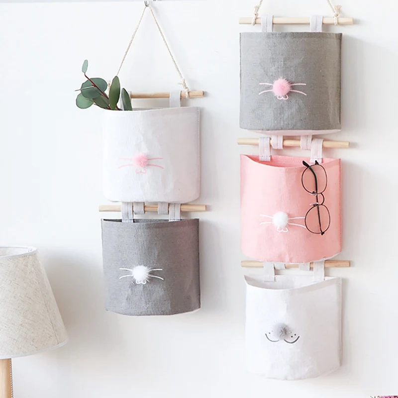 

Home Wall Mount Pouch Sundries Magazine Storage Bags Cute Cat Design Container Wall Door Closet Hanging Storage Bag Organizer