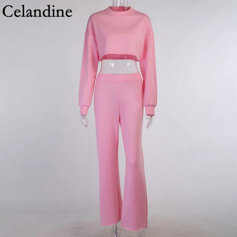 

Celandine Fashion White Two Piece Sets Women O Neck Long Sleeve Cropped Tops And Loose Pants Casual Outfits Autumn Winter 2020