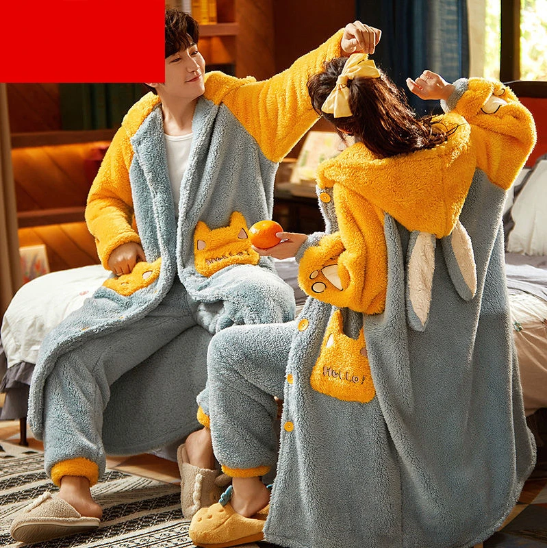 Facecloth Robe Men's Winter Flannel Thickened Women's Long Paragraph Couples Bathrobe Coral Velvet Three Layers of Cotton