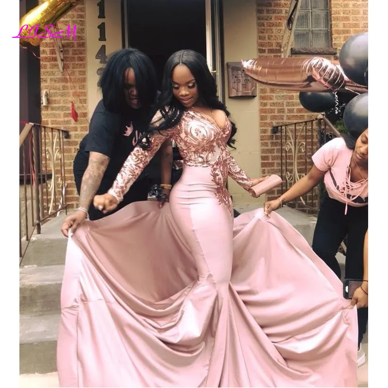 

Modern Long Sleeves Mermaid Prom Dresses 2020 Sexy V-Neck Sequined Appliques Formal Evening Dress Party Gowns