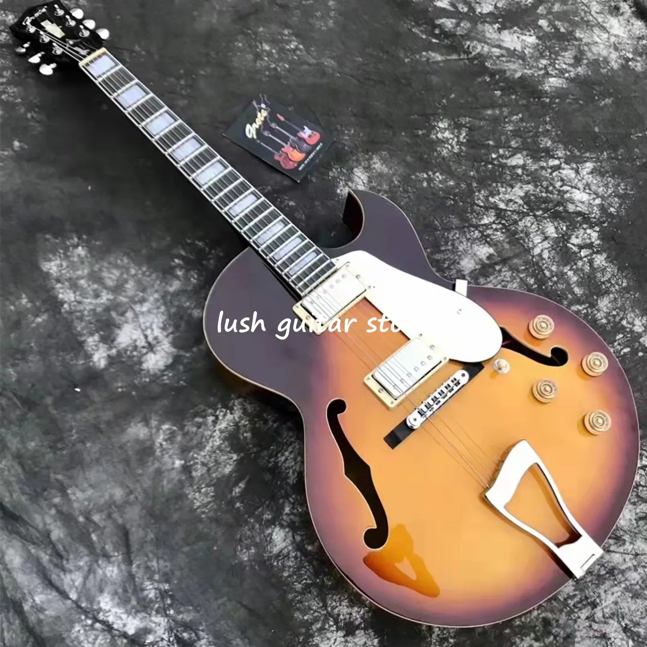 

Grote Jazz электрическая гитара, винтажная Sunburst, в форме двойного размера, полый корпус, черное дерево, бесплатная доставка